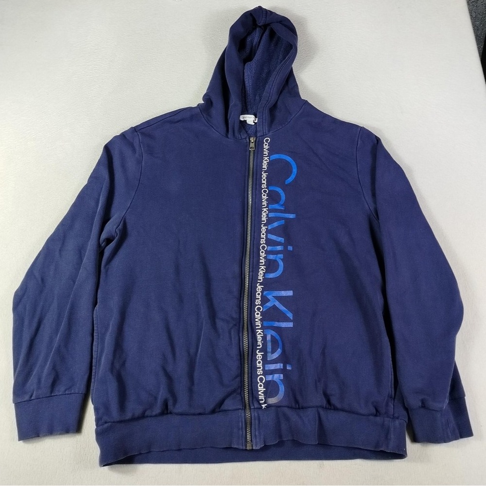 Calvin Klein Jeans Hoodie Sweatshirt Mens XL Blue Full Zip Fleece Logo Graphic